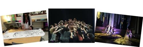 Student drawing while blindfolded, acting students putting arms together to form a dome, actors performing a ballet. 
